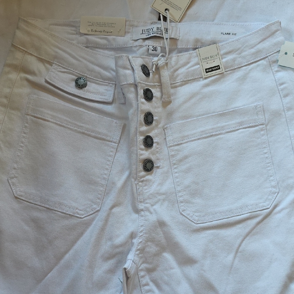 Judy Blue White High-Waist Button-Fly Jeans with Front Patch Pockets